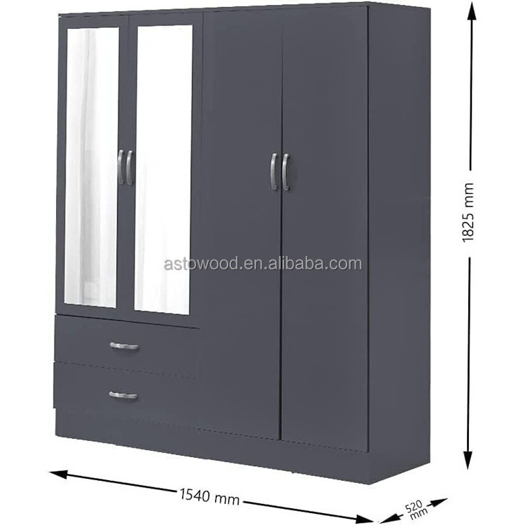 Hot sale Modern Bedroom 4 Door 2 Drawer Wardrobe in Grey Gloss/Light Oak Effect Veneer