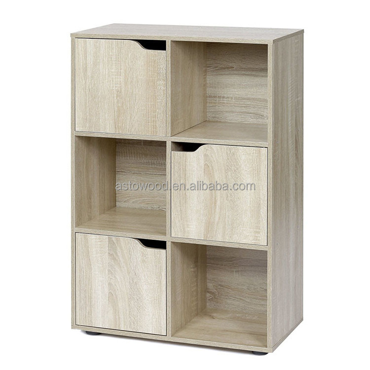 6 Cube Bookshelf Book Rack in Natural Wood Modern Bookcase with Doors