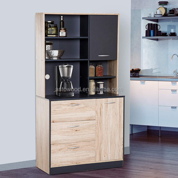 Modern Freestanding Kitchen Buffet Cabinet with Microwave Storage Hutch - Black and Oak