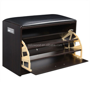 Black Wooden Fold-out Shoe Organizer Storage Bench with Leather Cushion