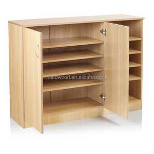 Traditional Style 15 Pair Shoe Storage Cabinet with 2 Doors and Open Shelving in Beech Finish