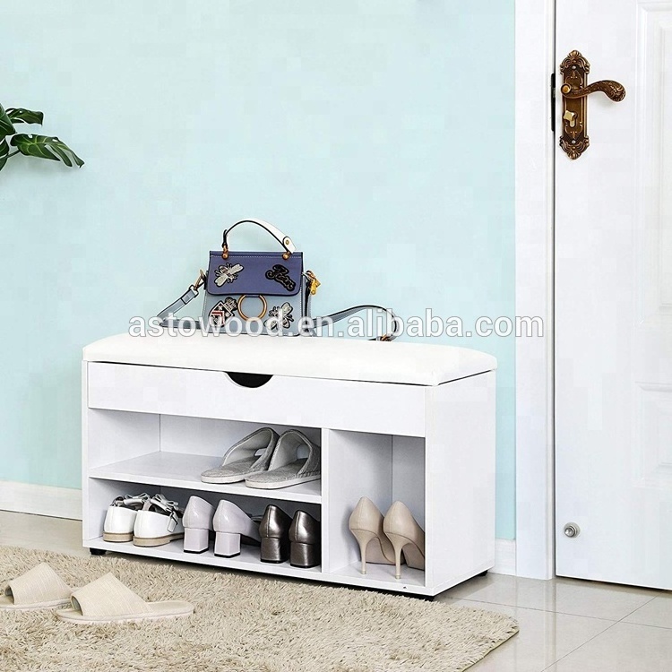 White Shoe Storage Bench with Seat Cushion