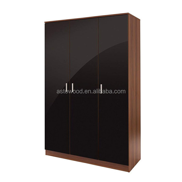 3 door wardrobe with shelf and hanger for UK market with high gloss black front