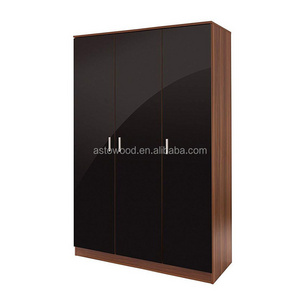 3 door wardrobe with shelf and hanger for UK market with high gloss black front