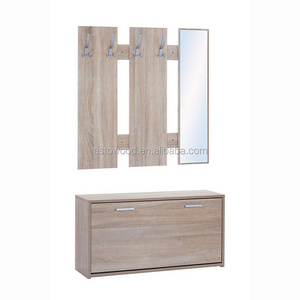 Set of Wall Mounted Shoe Cabinet with Mirror & Coat Rack in Light Oak Sonoma