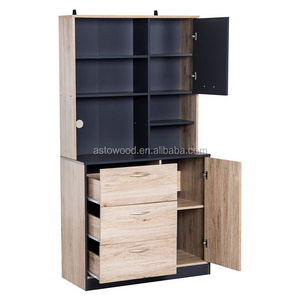 Modern Freestanding Kitchen Buffet Cabinet with Microwave Storage Hutch - Black and Oak