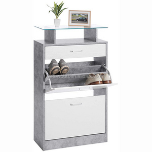 Wooden Shoe Cabinet Storage Unit with Drawer and Glass Shelf On Top Grey Color