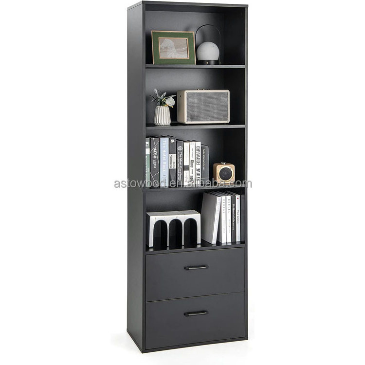 Wooden Storage Bookcase, Floor Standing Cupboard Tall Cabinet with 4-Tier Open Shelves, 2 Drawers