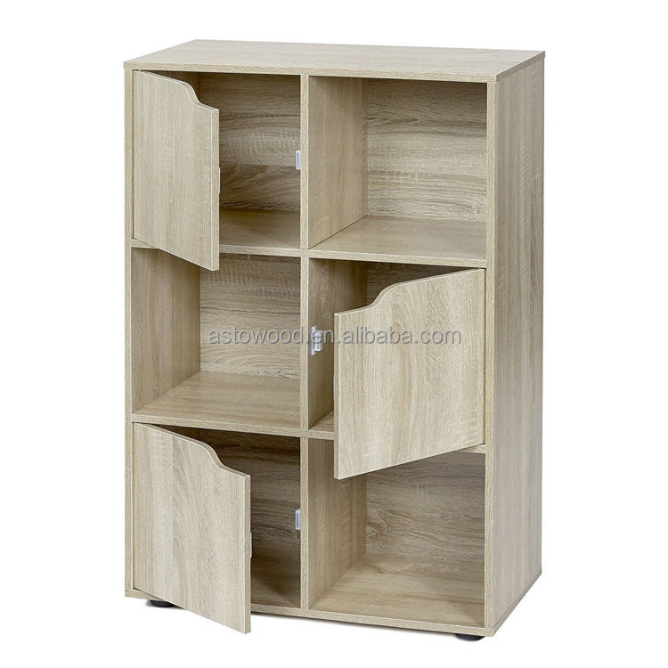 6 Cube Bookshelf Book Rack in Natural Wood Modern Bookcase with Doors