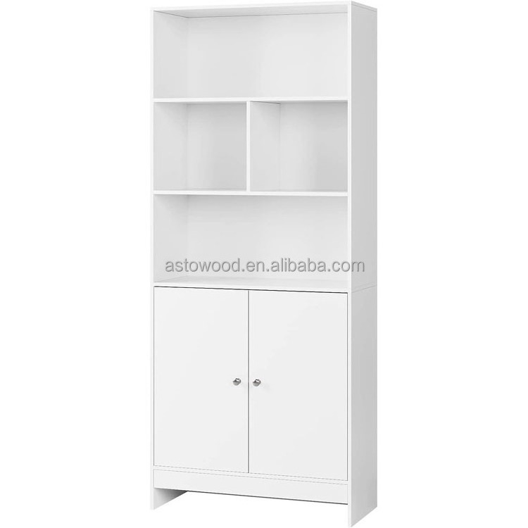 Bookcase with Doors White Living Room Bookcases and Shelving Units Tall Wooden Storage Cupboard for Home Office