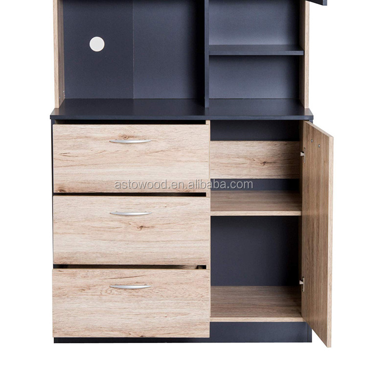 Modern Freestanding Kitchen Buffet Cabinet with Microwave Storage Hutch - Black and Oak