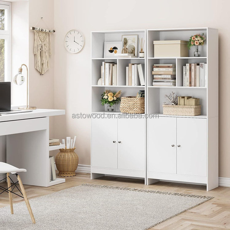 Bookcase with Doors White Living Room Bookcases and Shelving Units Tall Wooden Storage Cupboard for Home Office