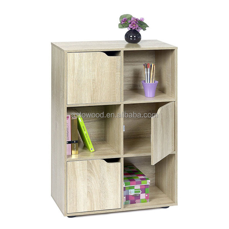 6 Cube Bookshelf Book Rack in Natural Wood Modern Bookcase with Doors