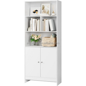 Bookcase with Doors White Living Room Bookcases and Shelving Units Tall Wooden Storage Cupboard for Home Office