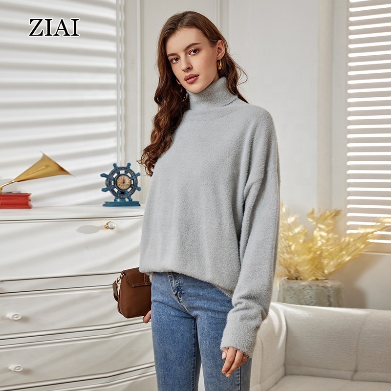 Knitted sweaters popular autumn and winter high necked sweaters with loose imitation mink fur