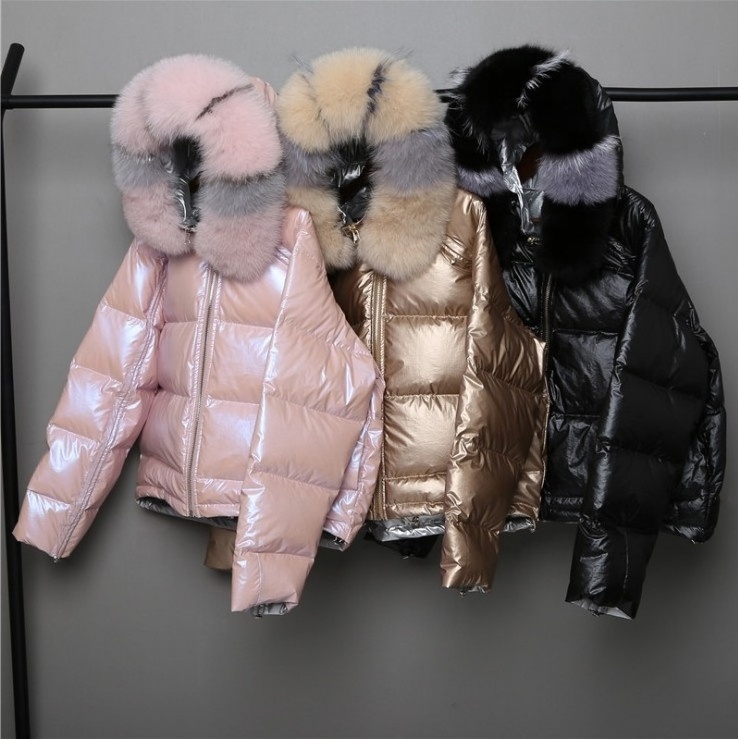 Wholesale Ladies Reversible Down Coat Short Fur Collar Hood Women Winter Reversible Coats Parka Woman Bubble Coat Puffer Jacket