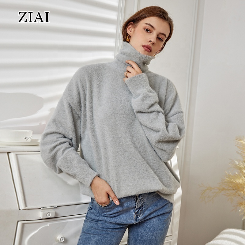 Knitted sweaters popular autumn and winter high necked sweaters with loose imitation mink fur