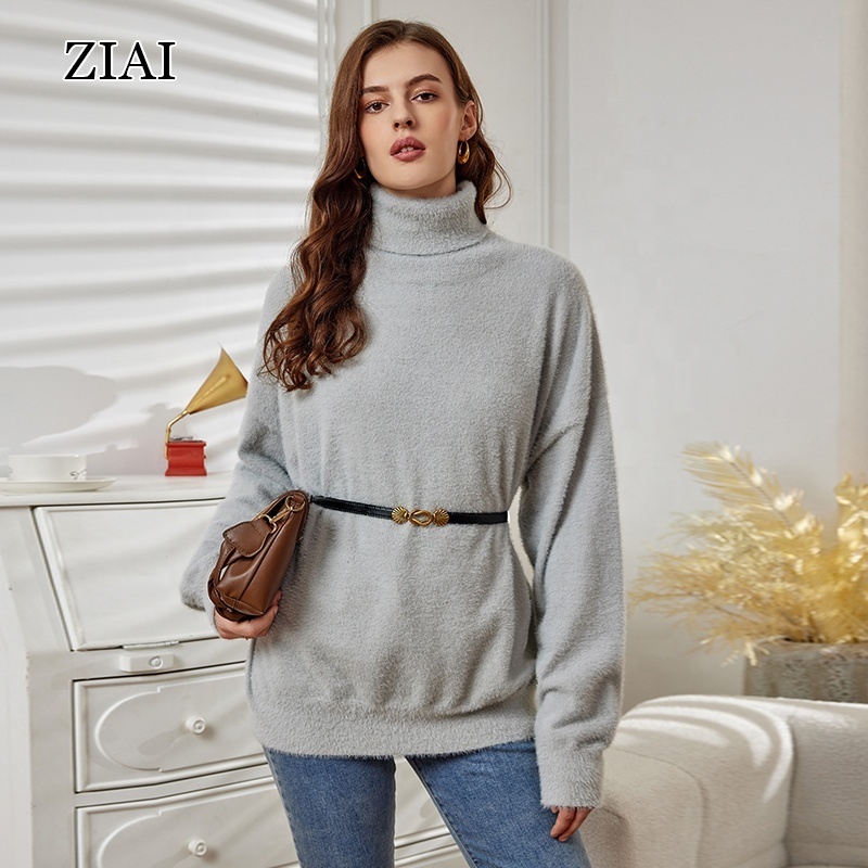 Knitted sweaters popular autumn and winter high necked sweaters with loose imitation mink fur