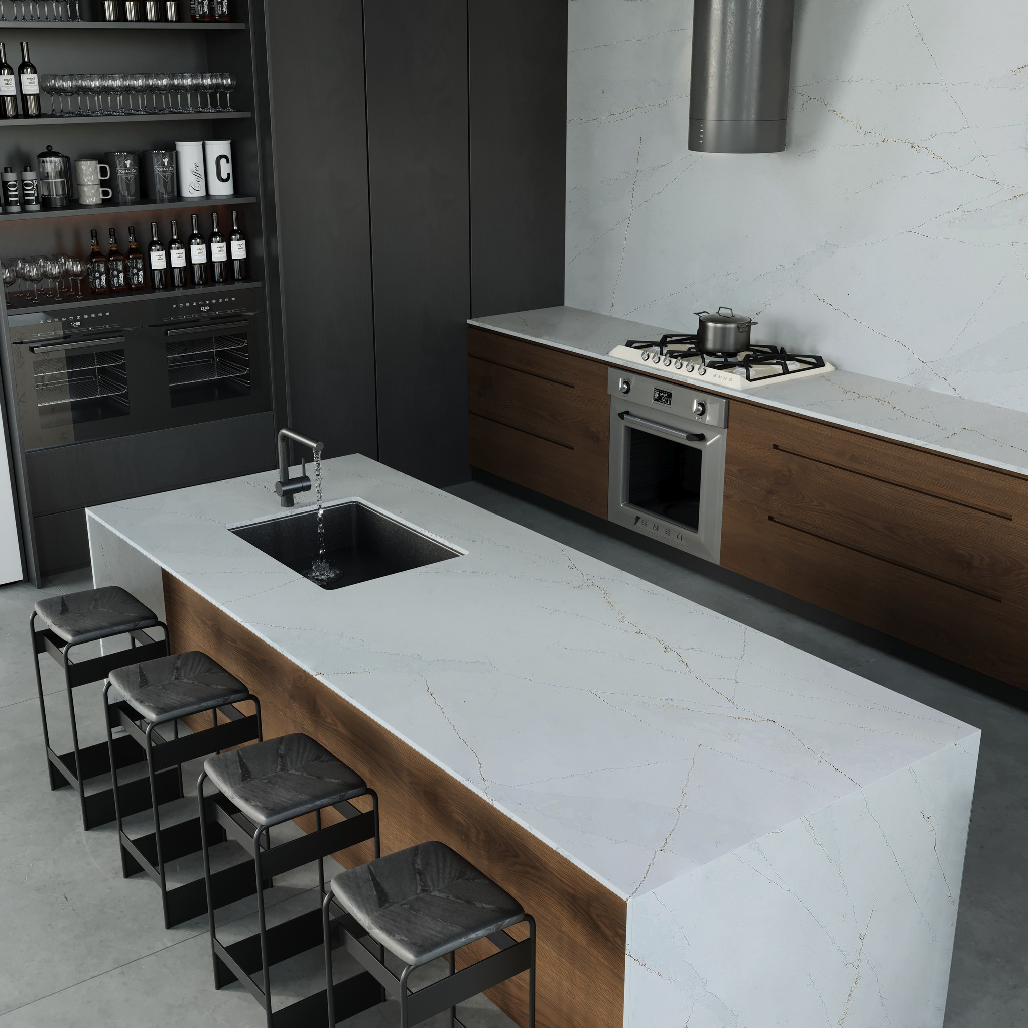 AST OEM/ODM free silica cuarzo Aritificial Calacatta5001 polished rich edge process options kitchen quartz countertops