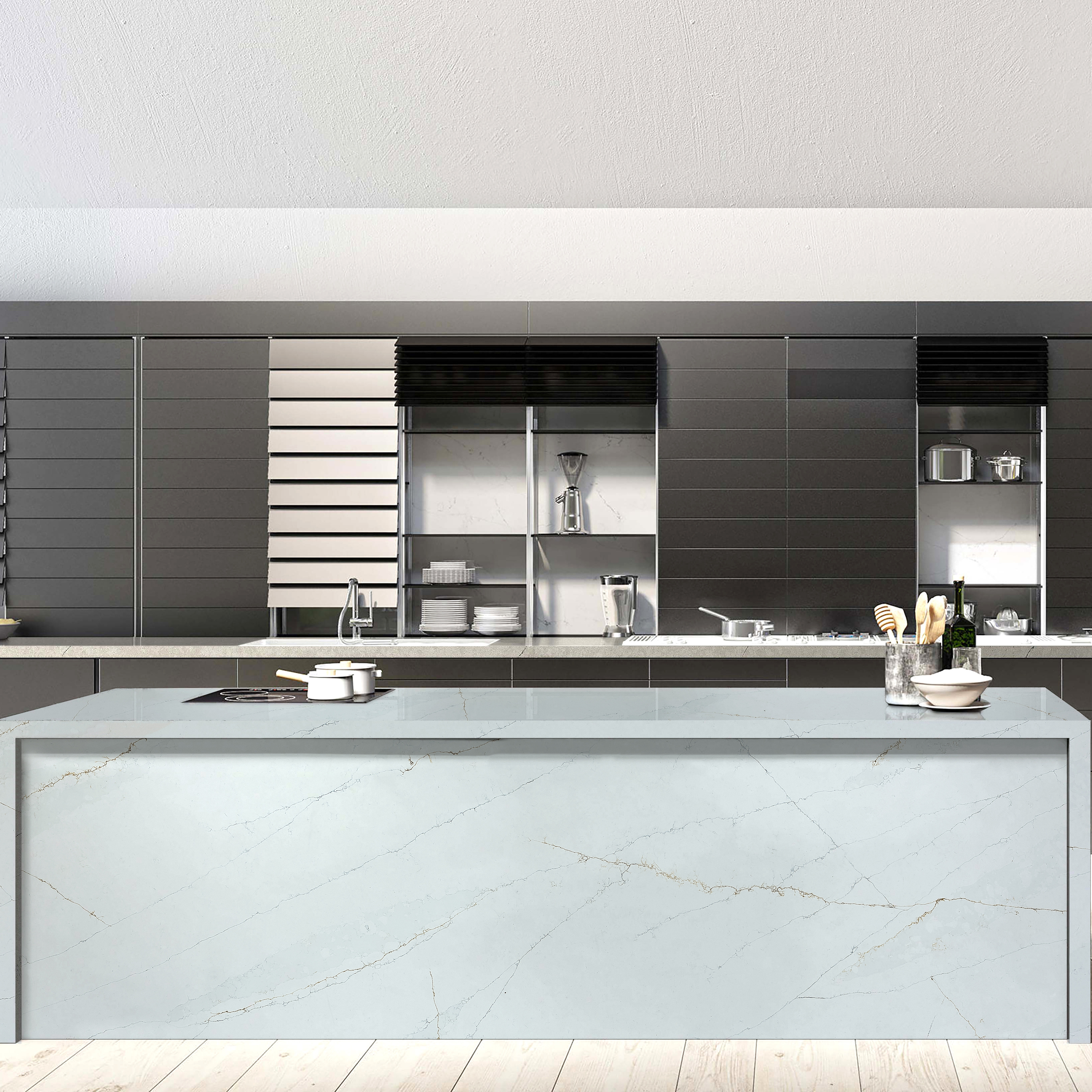 AST OEM/ODM free silica cuarzo Aritificial Calacatta5001 polished rich edge process options kitchen quartz countertops