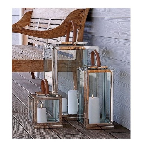 Shiny Silver Nickel Plated Metal Lantern Set Of Three Square Shape Lantern with Leather Handles Christmas Decorative Lantern