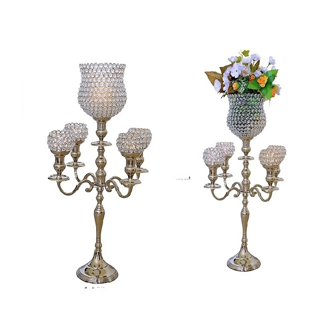 Metal Crystal Stem 5 Arms Candelabra with Pendants Tall Metal Candle Stand Silver Candlestick Table Centerpiece for Home