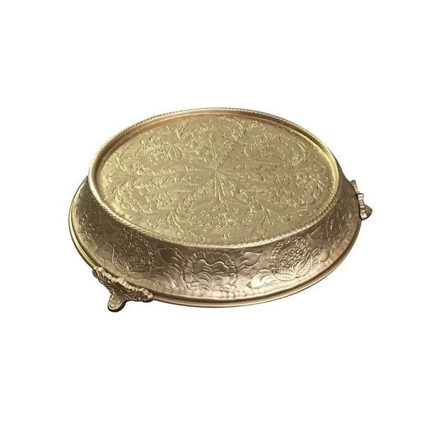 Dining Table Centerpiece Metal Round Cake Stand Tabletop Embossed gold Finished Antique Aluminium Cake Stand