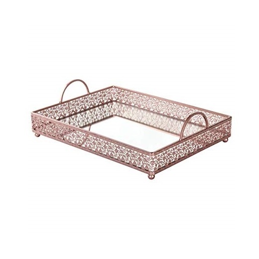 Rectangle Shape Mirror Tray Breakfast Serving Metal and Glass Copper Plated Large Jewelry Box Decorative Tray Handles