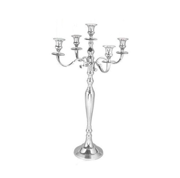 Metal Crystal Stem 5 Arms Candelabra with Pendants Tall Metal Candle Stand Silver Candlestick Table Centerpiece for Home