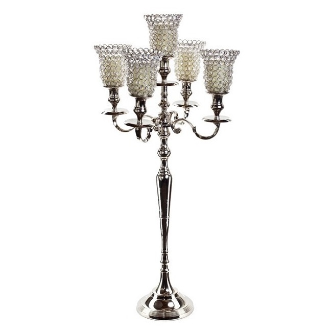 Metal Crystal Stem 5 Arms Candelabra with Pendants Tall Metal Candle Stand Silver Candlestick Table Centerpiece for Home