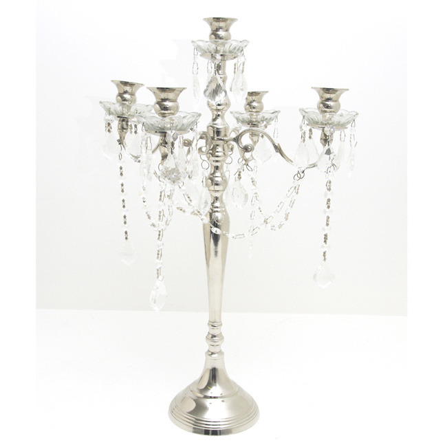 Metal Crystal Stem 5 Arms Candelabra with Pendants Tall Metal Candle Stand Silver Candlestick Table Centerpiece for Home