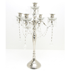 Metal Crystal Stem 5 Arms Candelabra with Pendants Tall Metal Candle Stand Silver Candlestick Table Centerpiece for Home