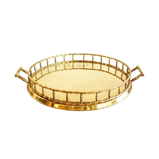 Rectangle Shape Mirror Tray Breakfast Serving Metal and Glass Copper Plated Large Jewelry Box Decorative Tray Handles