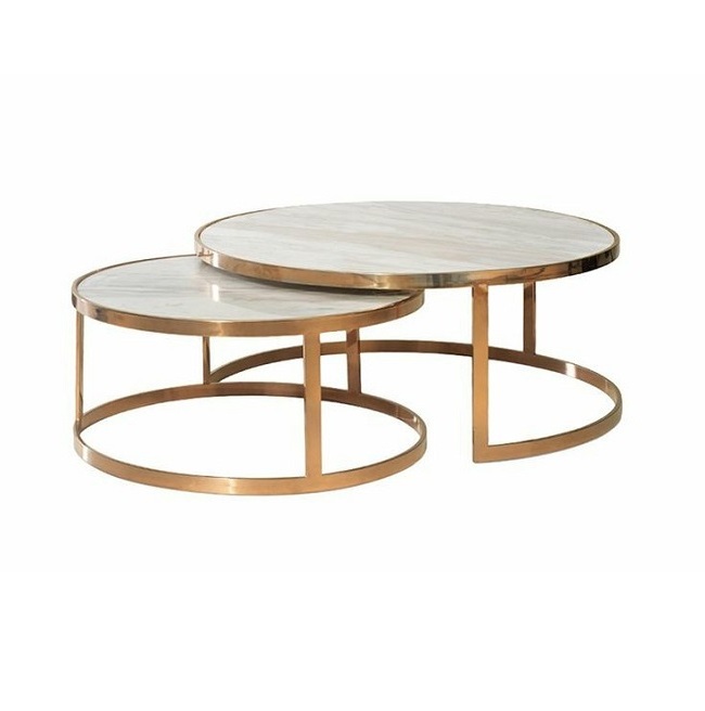 Most New Design Coffee Table Set of 2 Gold Finished Center Table Set Polished Arabic Style Modern Tea Table with Marble Top