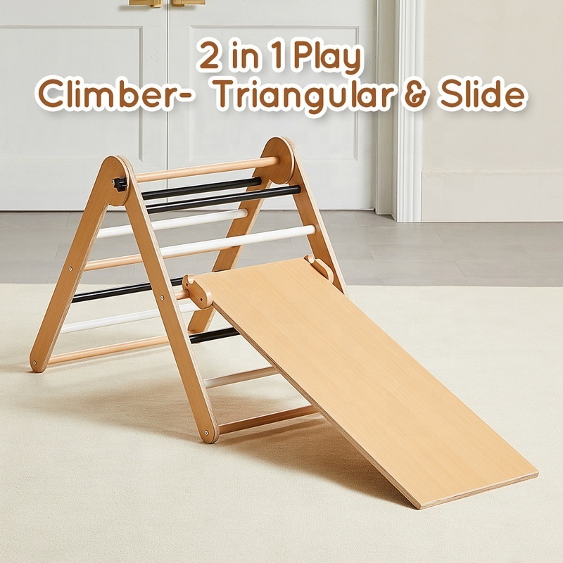 Indoor Montessori Playground Wooden Climbing Triangle Set With Ramp Arch For Children