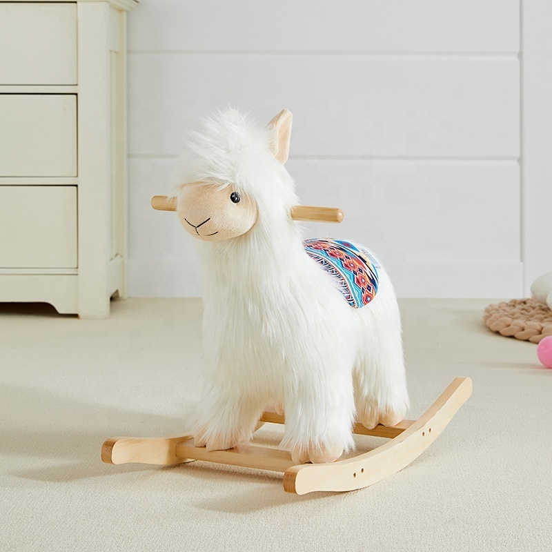 Asweets Toddler Wooden Frame Alpaca Rocker Toy Kids Llama Animal Plush Rocking Horse Ride On Toy