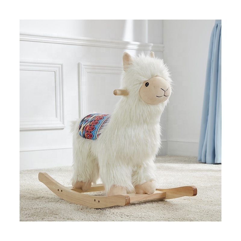 Asweets Toddler Wooden Frame Alpaca Rocker Toy Kids Llama Animal Plush Rocking Horse Ride On Toy