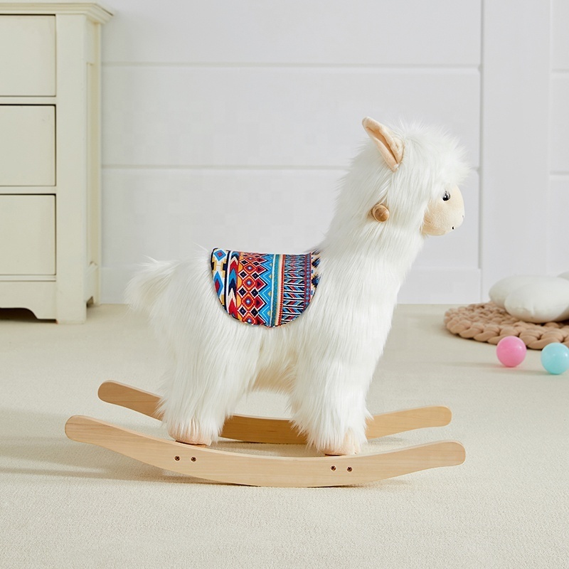 Asweets Toddler Wooden Frame Alpaca Rocker Toy Kids Llama Animal Plush Rocking Horse Ride On Toy