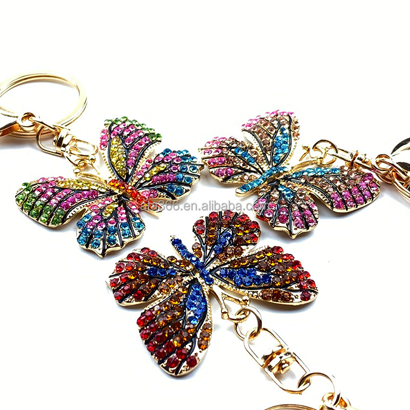 Colored Custom Butterfly Keychain Butterfly Keychain Rhinestone Bling Wristlet keychain for purses, backpack