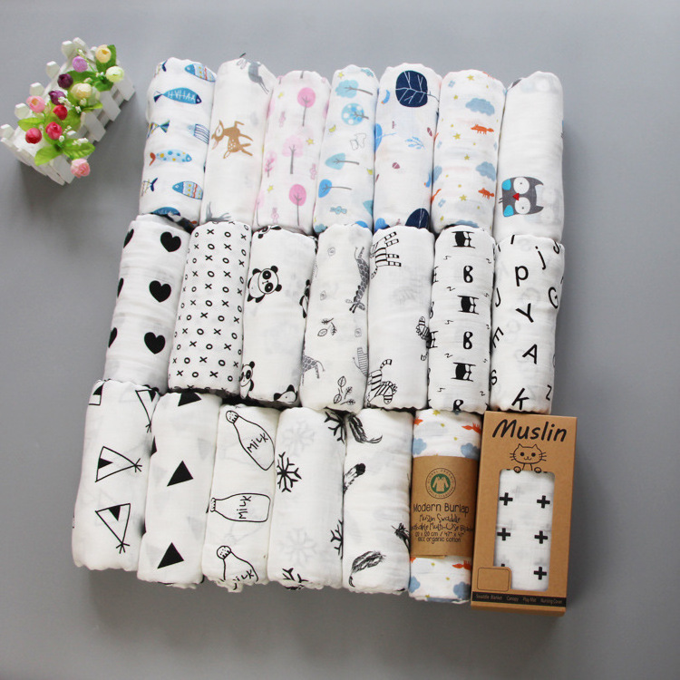 2-layers custom print wrap neutral cotton multi-use Baby muslin swaddle blankets