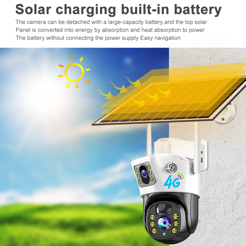 10W Solar Panel 12000mah Battery Camara Seguridad Exterior Wireless Dual Lens 4MP V380Pro 4G Camera De Surveillance Sans Fil Sim