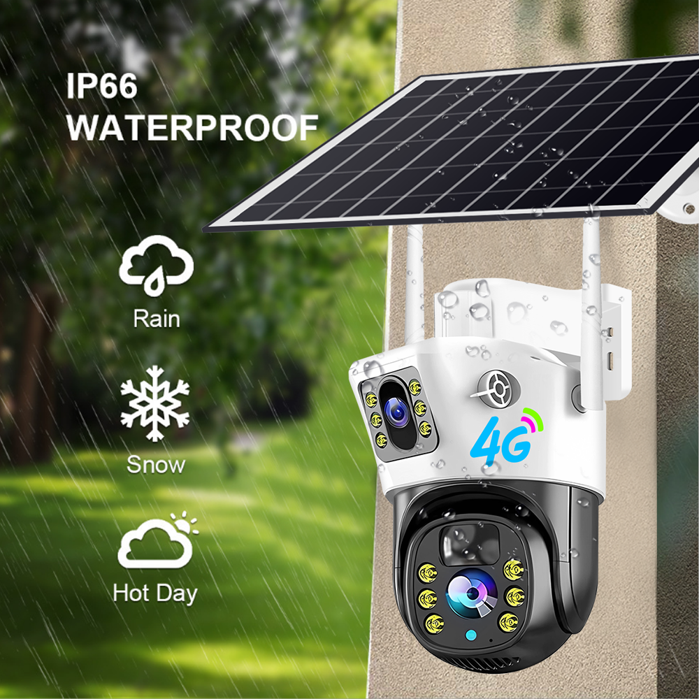 10W Solar Panel 12000mah Battery Camara Seguridad Exterior Wireless Dual Lens 4MP V380Pro 4G Camera De Surveillance Sans Fil Sim