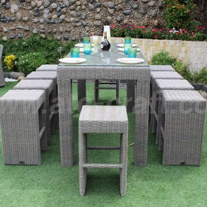 Modern All Weather Aluminum Frame Round Grey PE Rattan Wicker 7 Chair Outdoor Bar Set For Home Bar Hotel Villa Courtyard Use