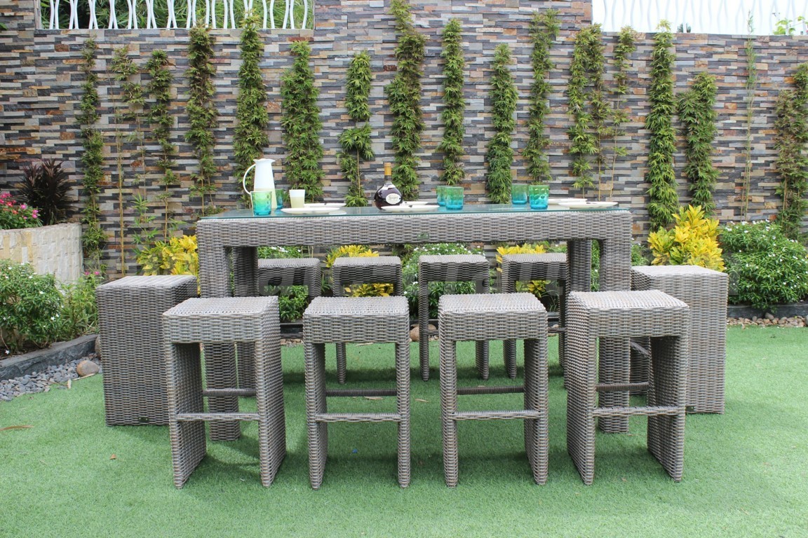 Modern All Weather Aluminum Frame Round Grey PE Rattan Wicker 7 Chair Outdoor Bar Set For Home Bar Hotel Villa Courtyard Use