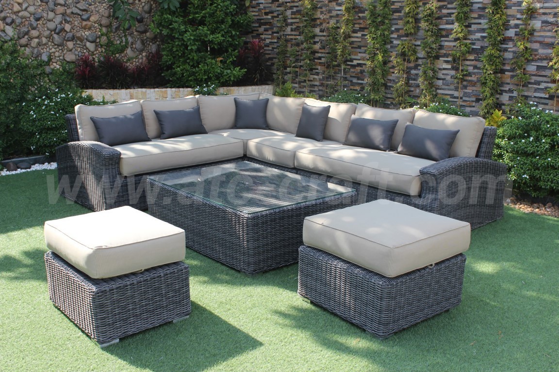 Best Selling Garden Set Aluminum Frame Half Round Rattan Wicker Thick Cushion Sectional Sofa Set With Ottoman For Outdoor Patio