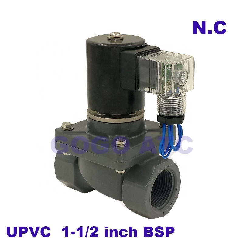 2 way UPVC solenoid valve FKM Seal 1-1/2 inch BSP Orifice 40mm normal close Sea water sewage weak acid saline solution PVC valve