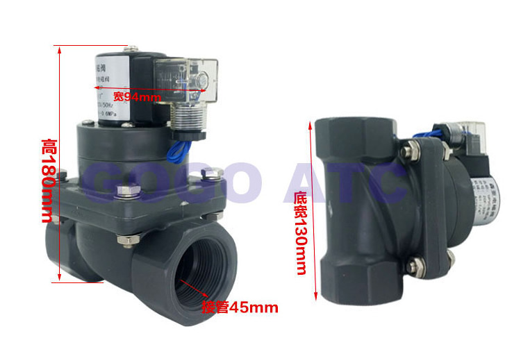 2 way UPVC solenoid valve FKM Seal 1-1/2 inch BSP Orifice 40mm normal close Sea water sewage weak acid saline solution PVC valve