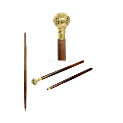 Helmet Brass Handle Walking Stick With Wooden Shaft