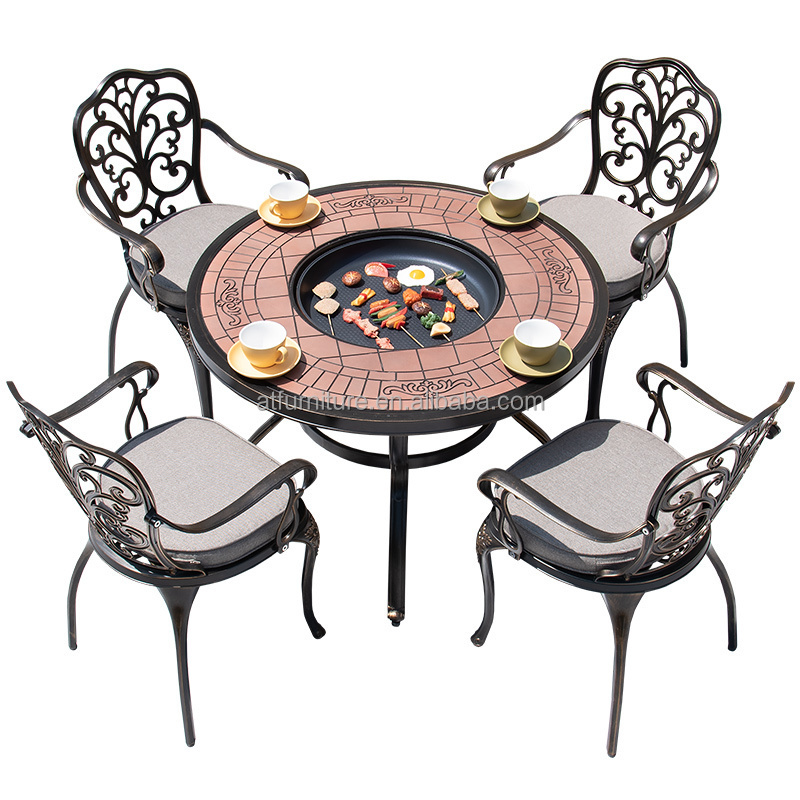 Patio 5 Piece Outdoor BBQ Dinning Table 4 Chairs Gas Fire Set Cast Aluminum Outdoor Furniture for Garden