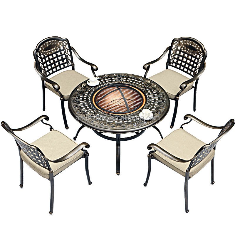 Luxury 4-Person 42'' Outdoor Fire Pit Table Charcoal Aluminum Dining Set Garden Round BBQ Table Grill and Chairs